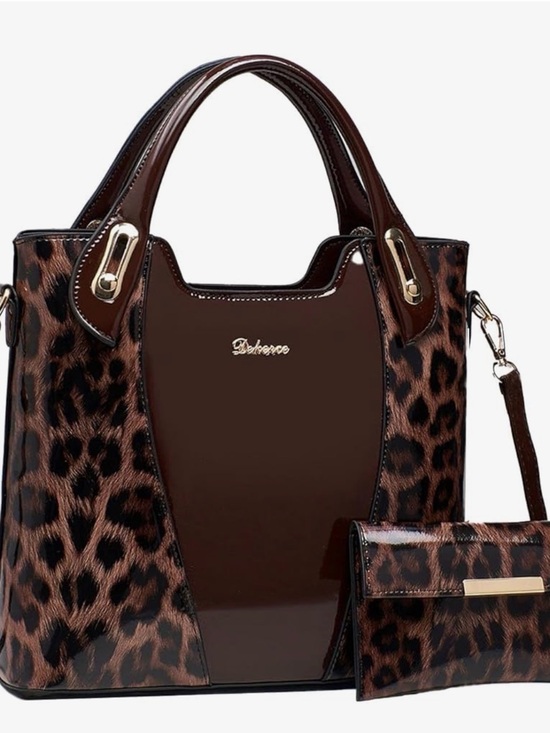 Unbranded Handbags - Glossy Leopard Print Crossbody/Double Handle Tote with Wallet NEW